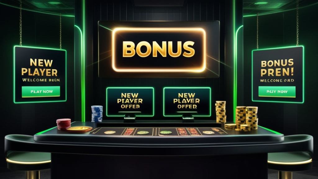 Cartão de bónus de boas-vindas com luz verde num ambiente de casino escuro