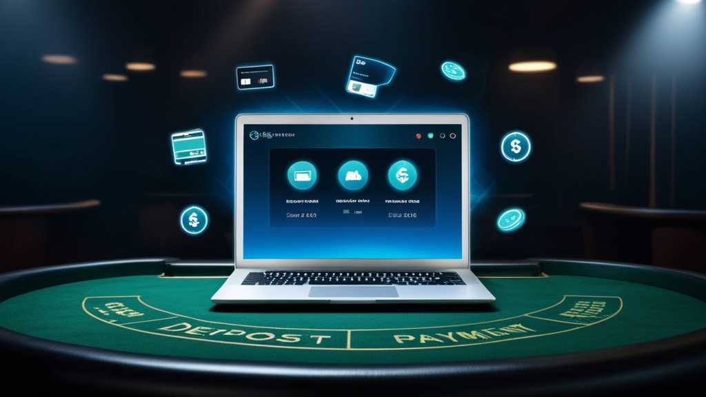Mesa de casino com ícones de pagamento e um portátil iluminado