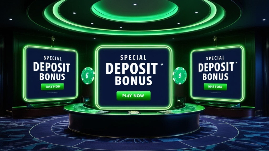 Banners de promoção especial e carteira luminosa num casino escuro
